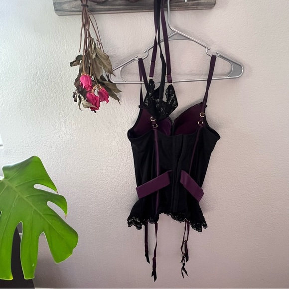 Lovehoney black & purple underwire, padded basque set w/lace thong; sz l nwot - Picture 12 of 14